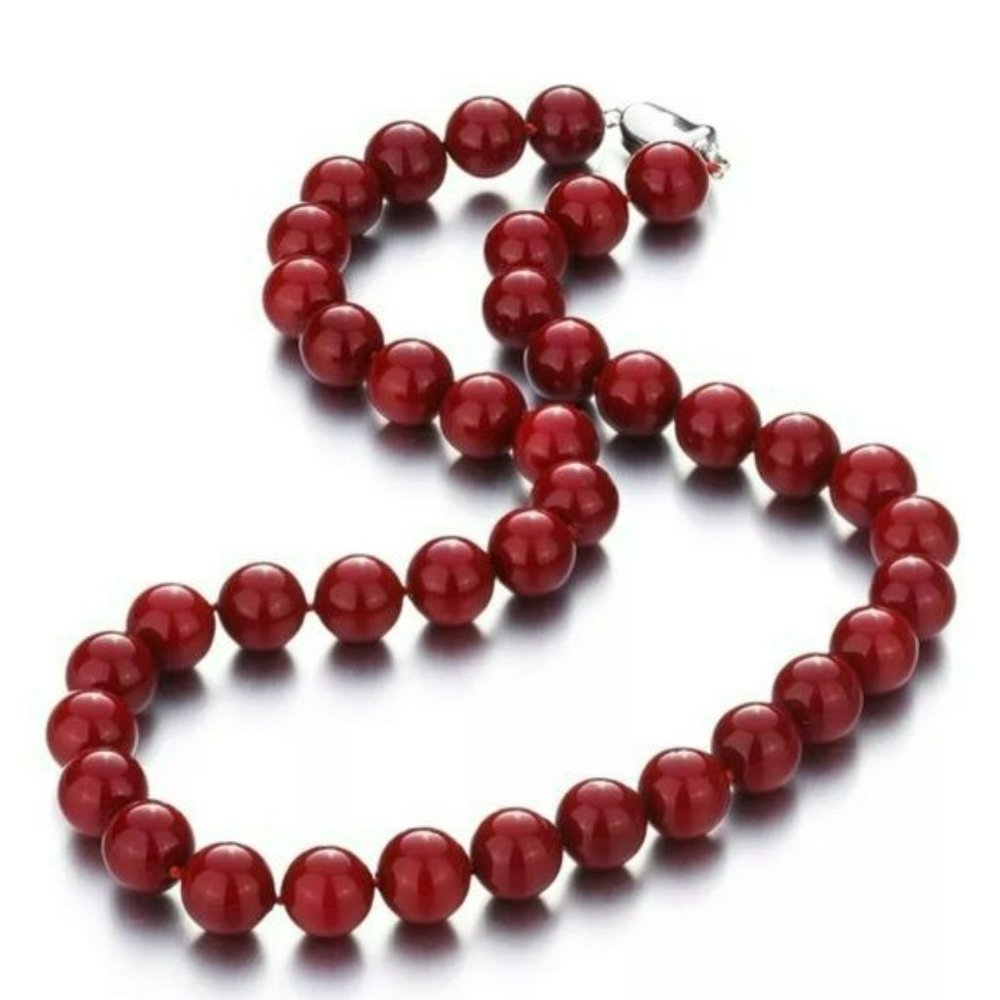 8mm Red Round Sea Shell Pearl Beaded Necklace 18in - Picture 2 of 13